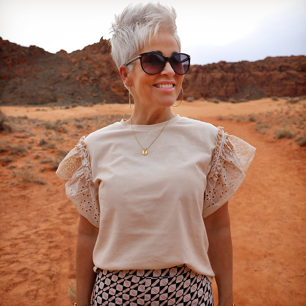 Ruffle Sleeved Tee Beige